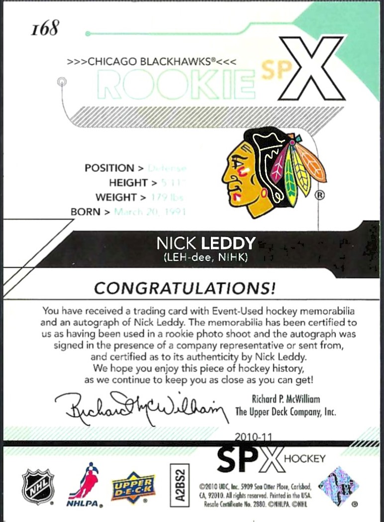2010-11 SPx #168 Nick Leddy JSY AU RC back image