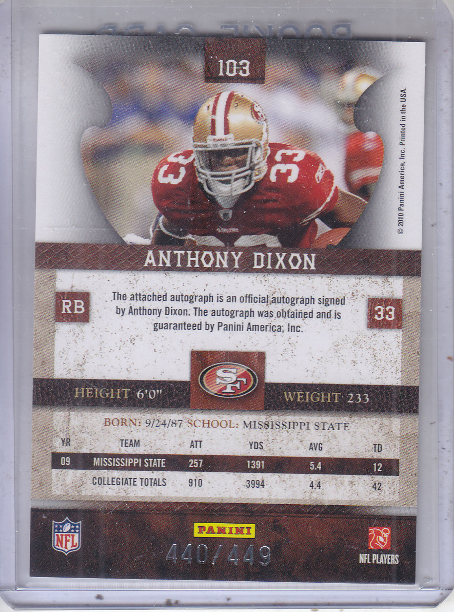 2010 Panini Plates and Patches #103 Anthony Dixon AU/449 RC back image