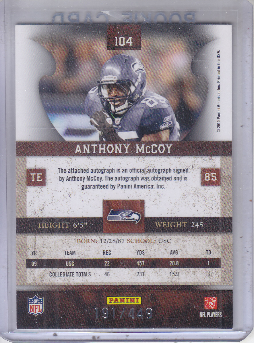 2010 Panini Plates and Patches #104 Anthony McCoy AU/449 RC back image
