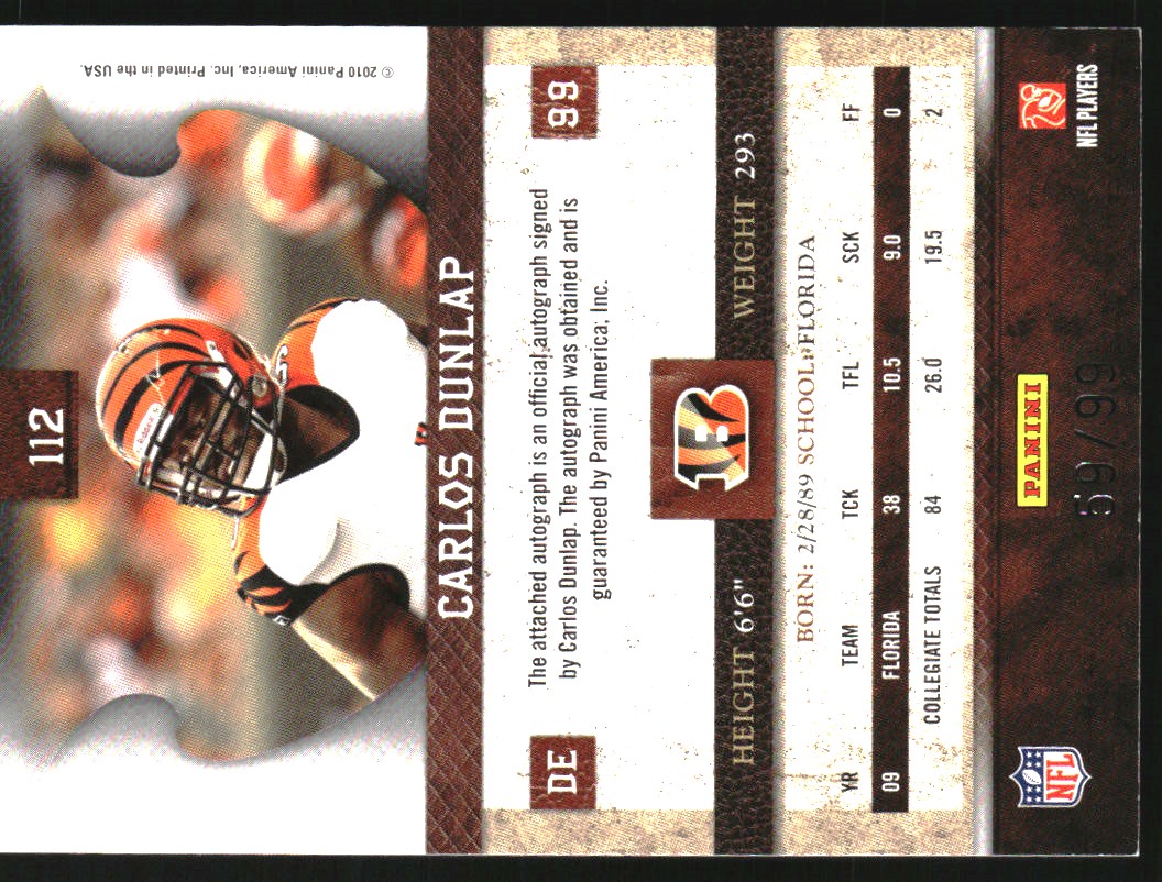 2010 Panini Plates and Patches #112 Carlos Dunlap AU/99 RC back image
