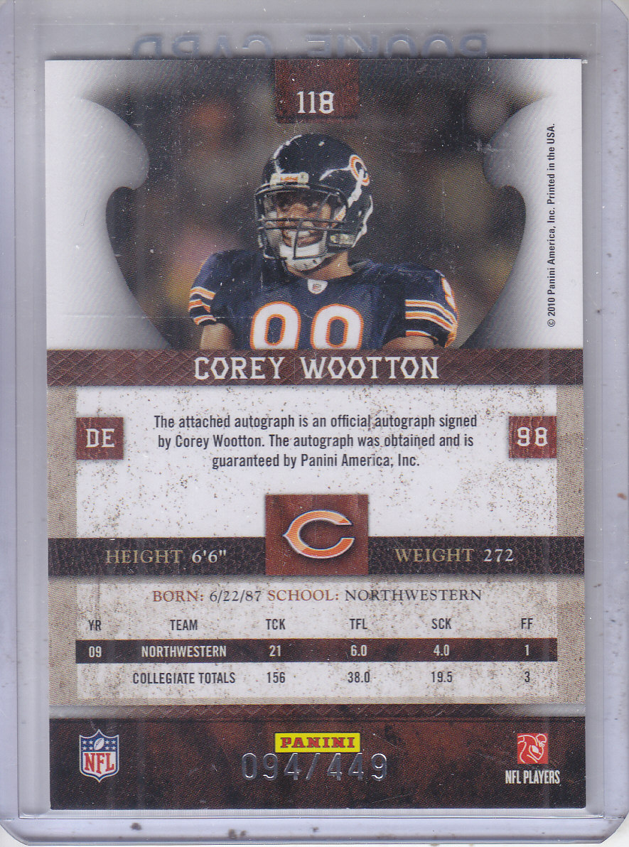 2010 Panini Plates and Patches #118 Corey Wootton AU/449 RC back image