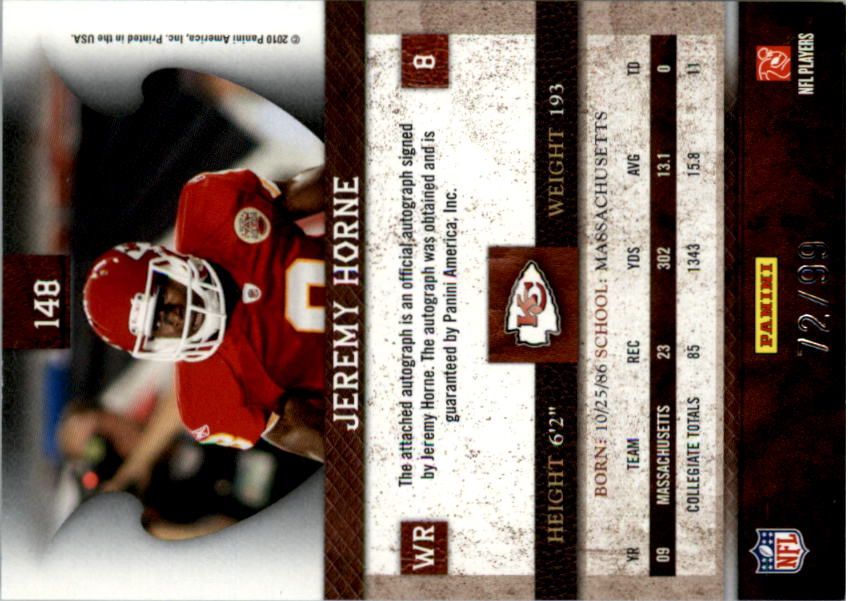 2010 Panini Plates and Patches #148 Jeremy Horne AU/99 RC back image
