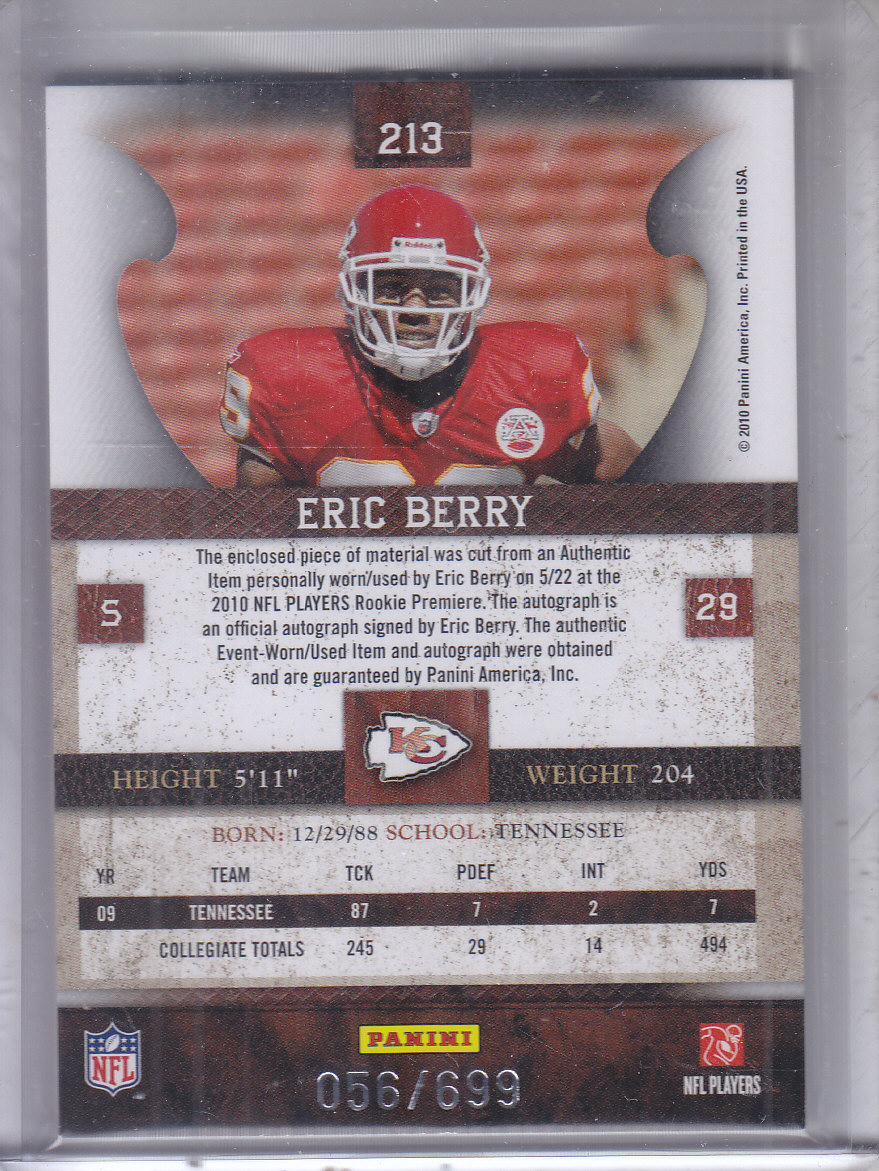 2010 Panini Plates and Patches #213 Eric Berry JSY AU/699 RC back image