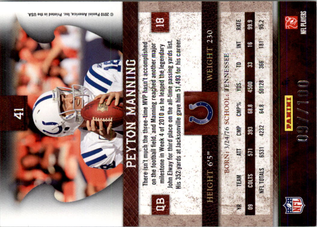 2010 Panini Plates and Patches Silver #41 Peyton Manning back image
