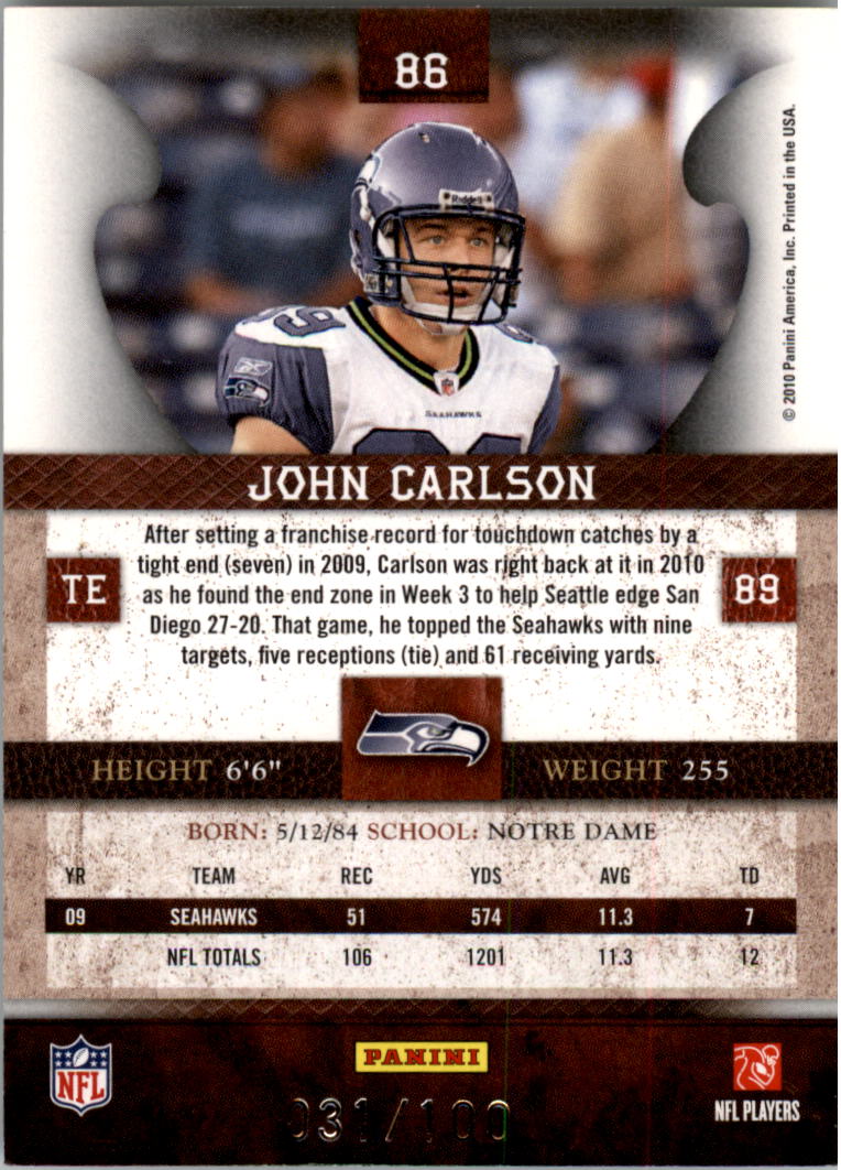 2010 Panini Plates and Patches Silver #86 John Carlson back image