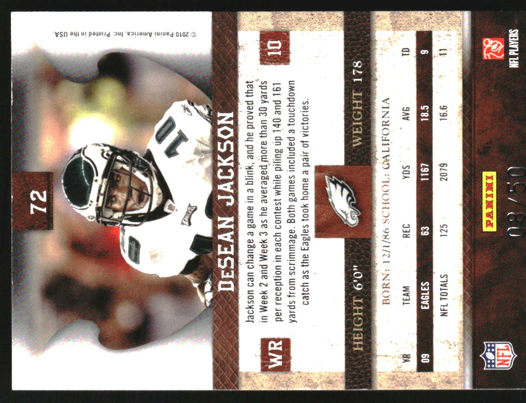 2010 Panini Plates and Patches Gold #72 DeSean Jackson back image