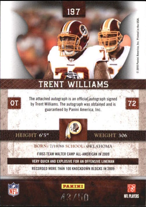 2010 Panini Plates and Patches Signatures Silver #197 Trent Williams back image