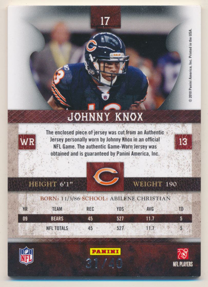 2010 Panini Plates and Patches Jerseys Prime #17 Johnny Knox/40