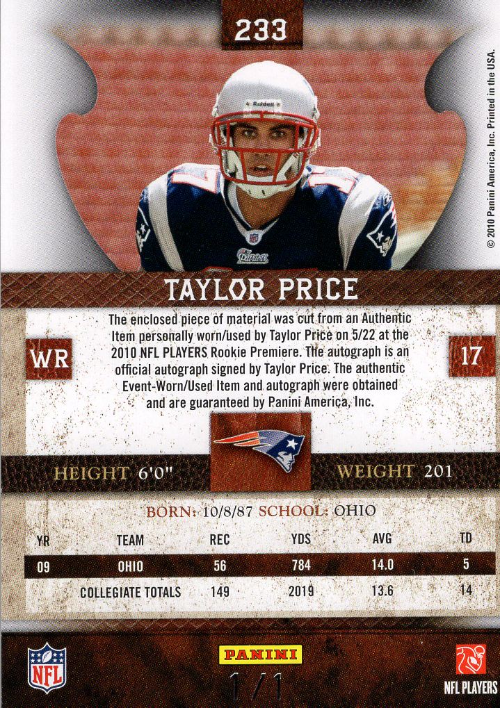 2010 Panini Plates and Patches Rookie Prime Signatures NFL Shield #233 Taylor Price back image
