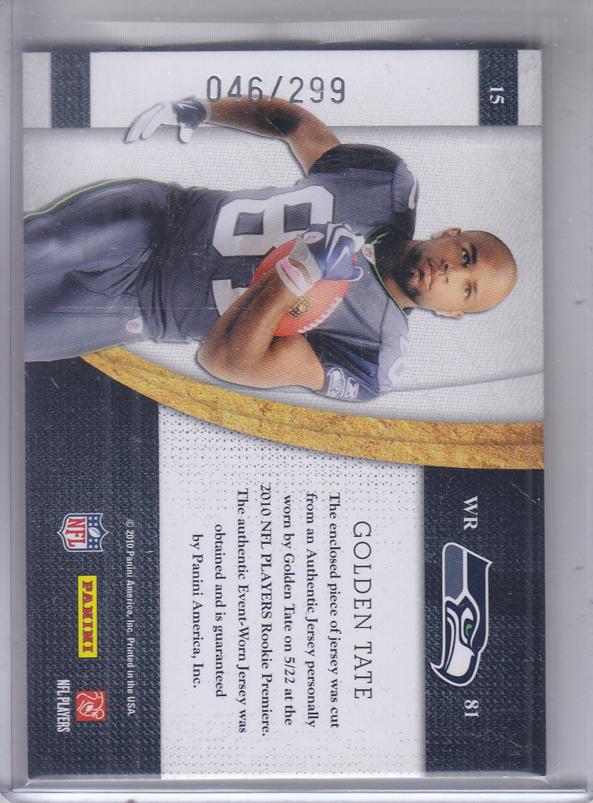 2010 Panini Plates and Patches Rookie Blitz Materials #15 Golden Tate back image