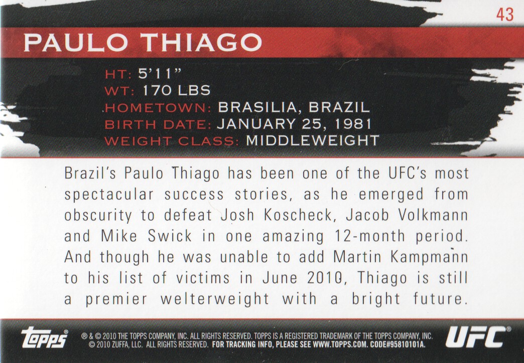 2010 Topps UFC Knockout Gold #43 Paulo Thiago back image