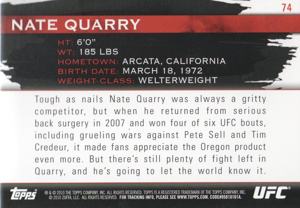 2010 Topps UFC Knockout Gold #74 Nate Quarry back image