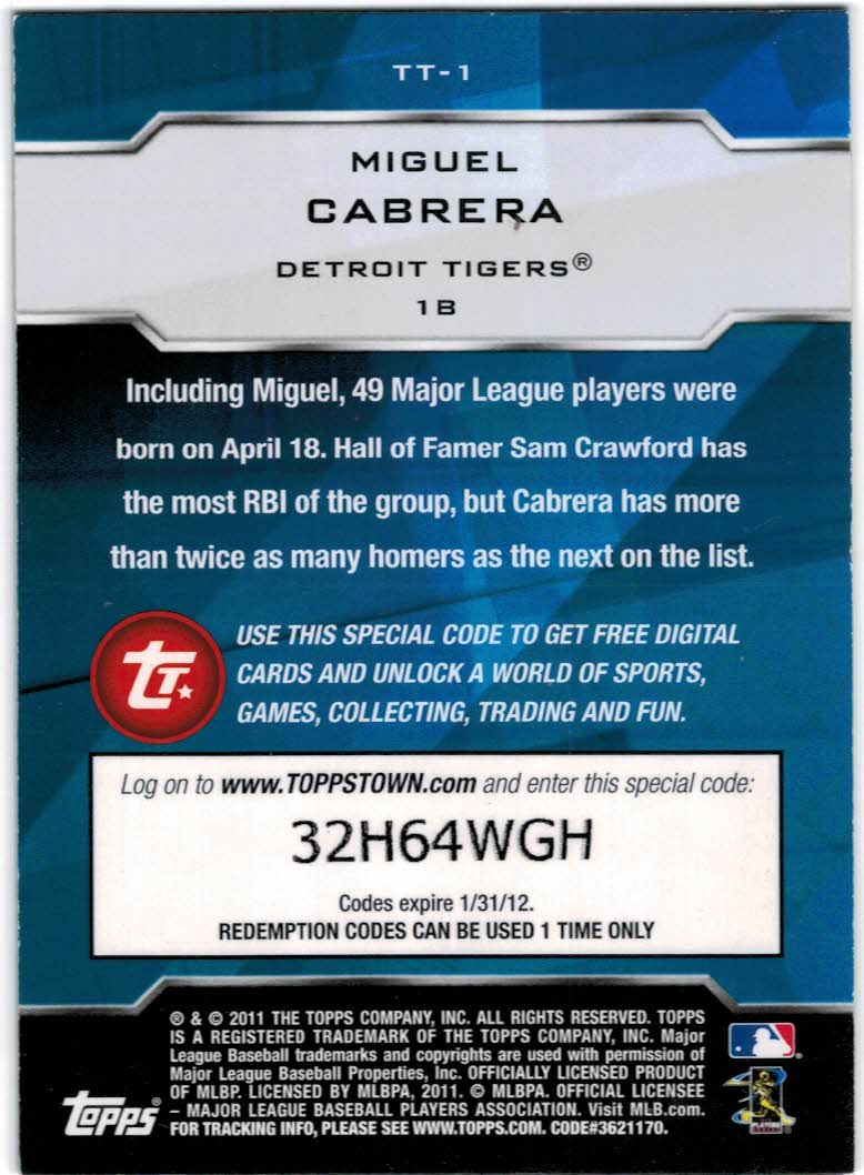 2011 Topps Topps Town #TT1 Miguel Cabrera back image