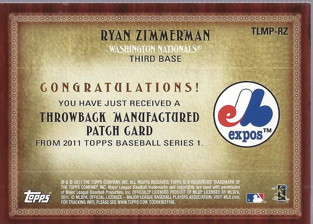 2011 Topps Commemorative Patch #RZ Ryan Zimmerman back image
