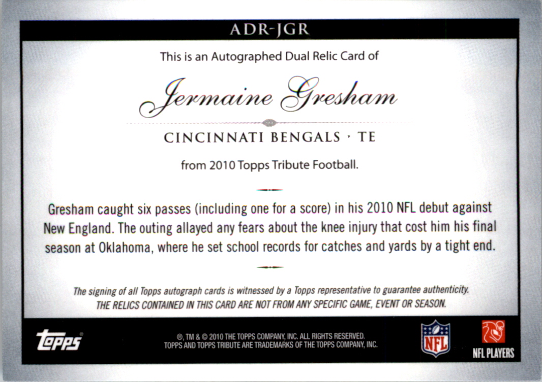 2010 Topps Tribute Autographed Dual Relics #ADRJGR Jermaine Gresham/55 back image