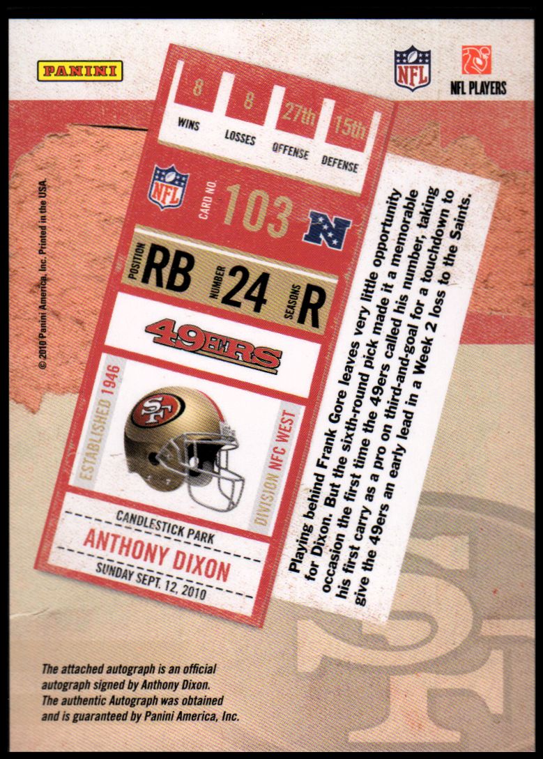 2010 Playoff Contenders #103 Anthony Dixon AU/360* RC back image