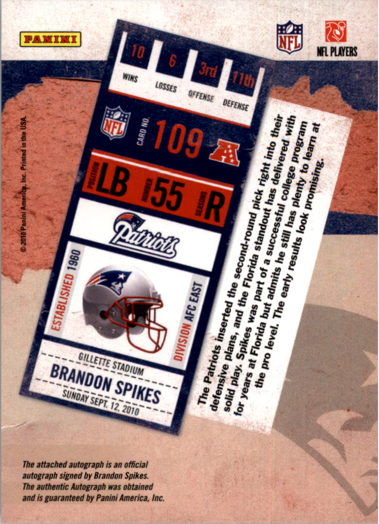 2010 Playoff Contenders #109 Brandon Spikes AU/500* RC back image
