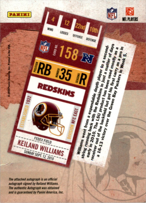 2010 Playoff Contenders #158 Keiland Williams AU/500* RC back image