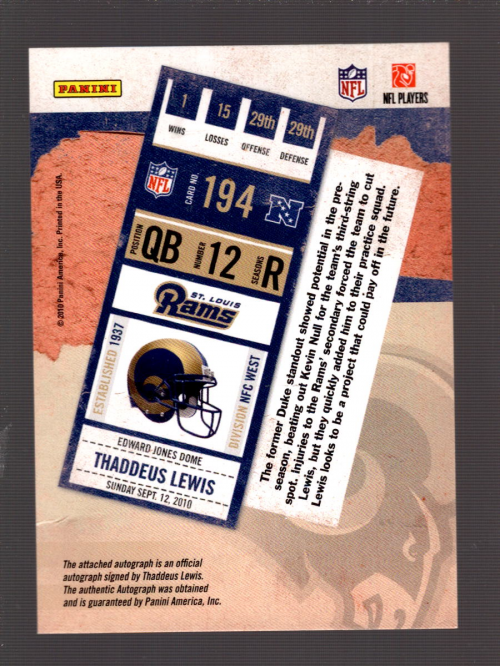 2010 Playoff Contenders #194 Thaddeus Lewis AU/190* RC back image