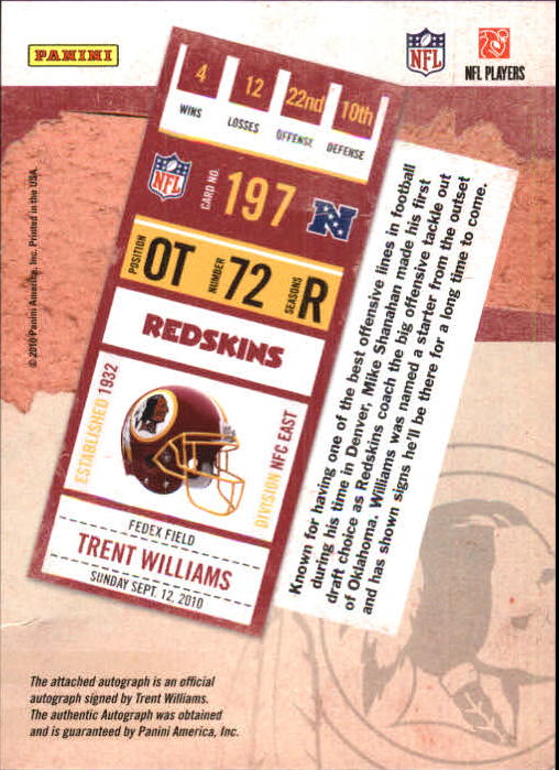 2010 Playoff Contenders #197 Trent Williams AU/500* RC back image