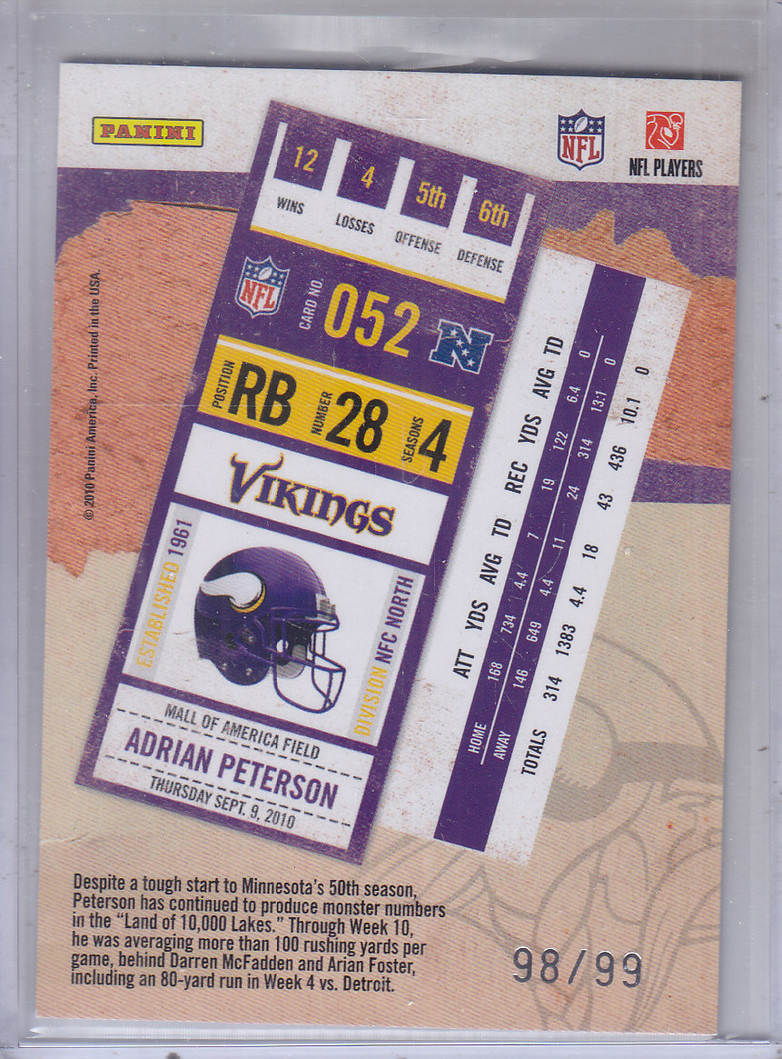 2010 Playoff Contenders Playoff Ticket #52 Adrian Peterson back image
