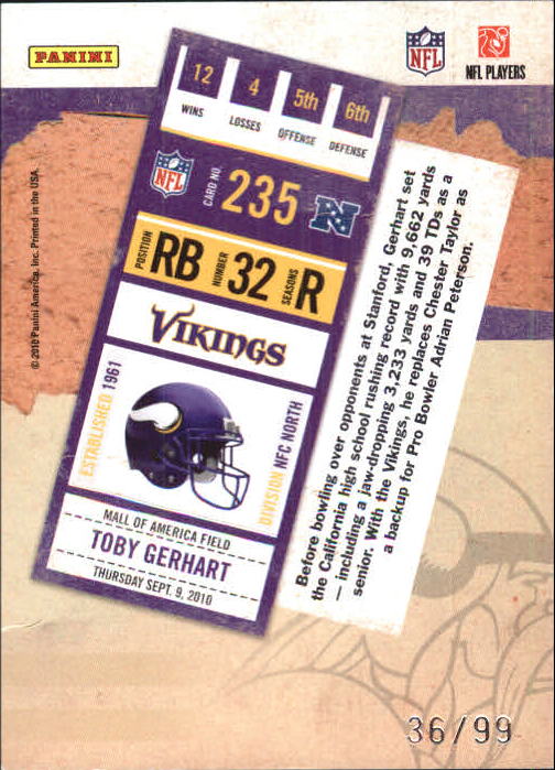 2010 Playoff Contenders Playoff Ticket #235B Toby Gerhart back image