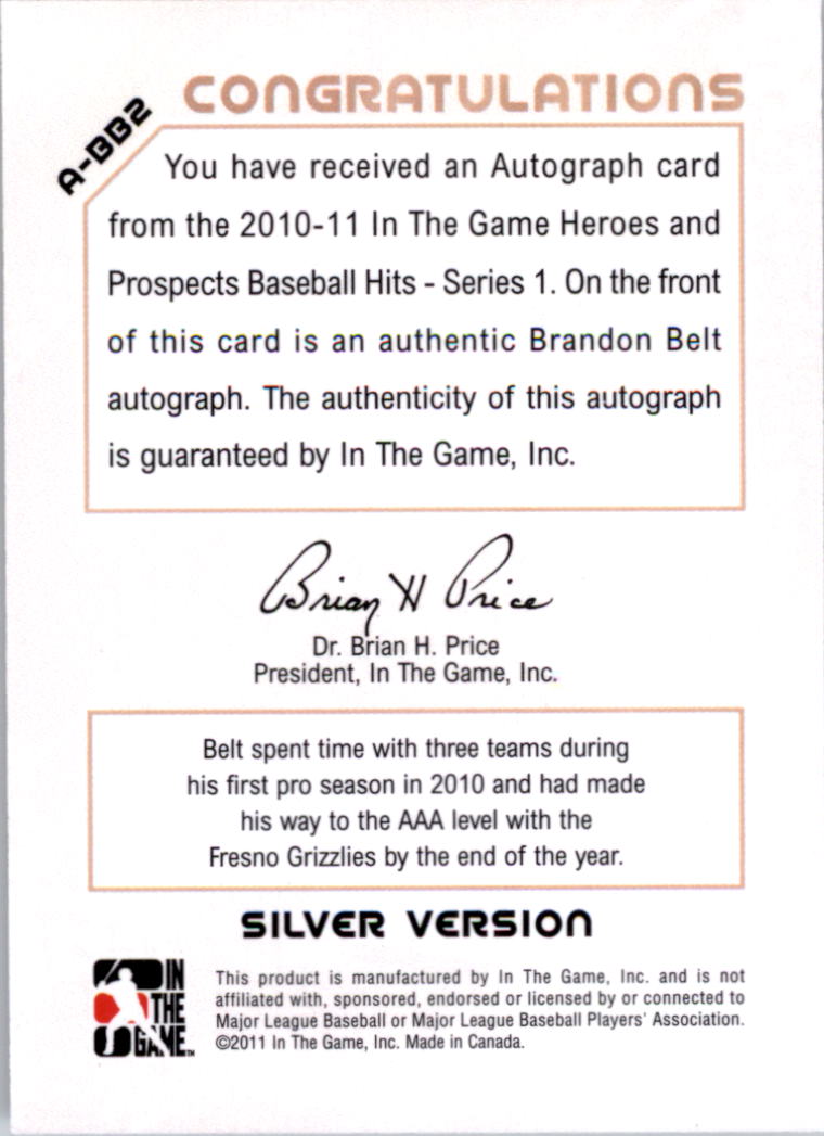 2011 ITG Heroes and Prospects Close Up Autographs Silver #BB2 Brandon Belt back image