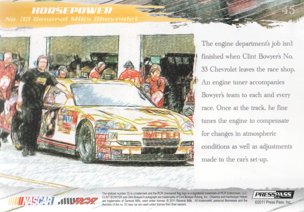 2011 Press Pass Eclipse #45 Clint Bowyer's Car HP back image