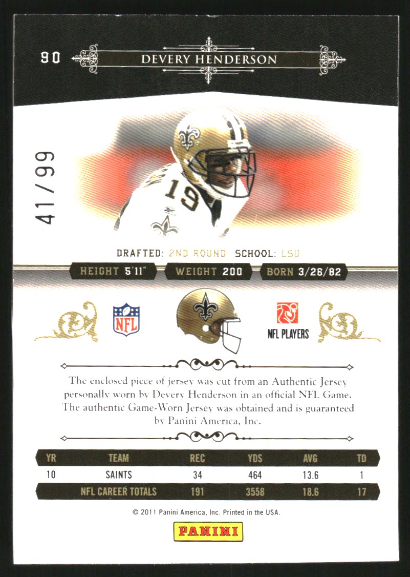 2010 Playoff National Treasures Century Material #90 Devery Henderson/99