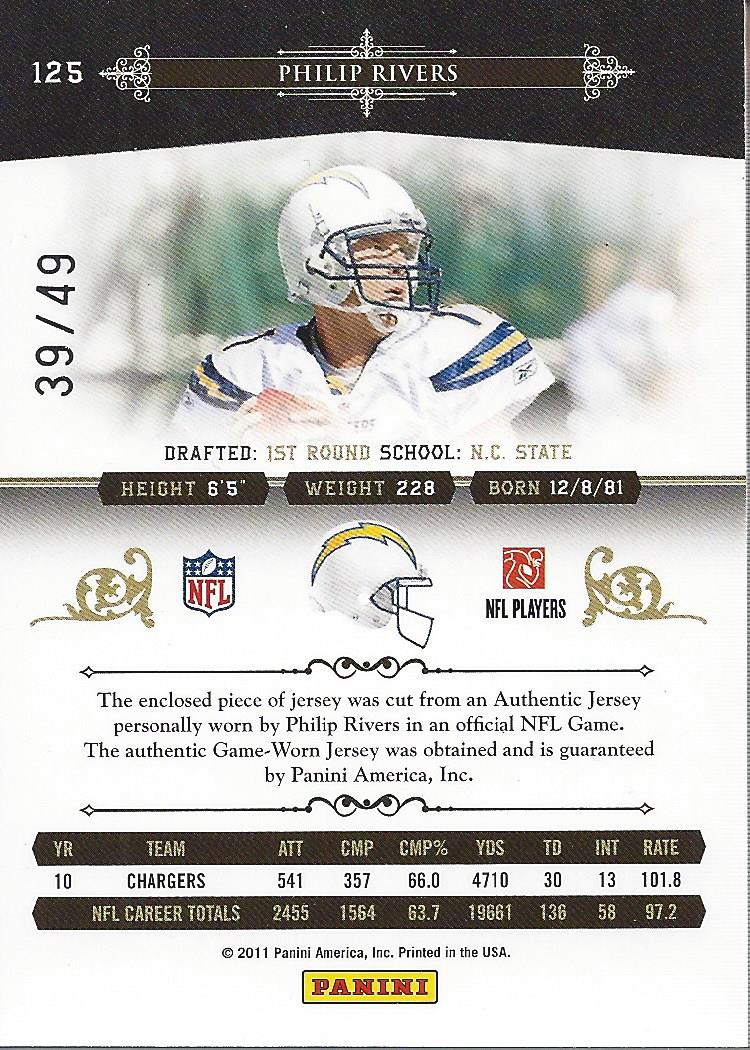 2010 Playoff National Treasures Century Material #125 Philip Rivers/49 back image