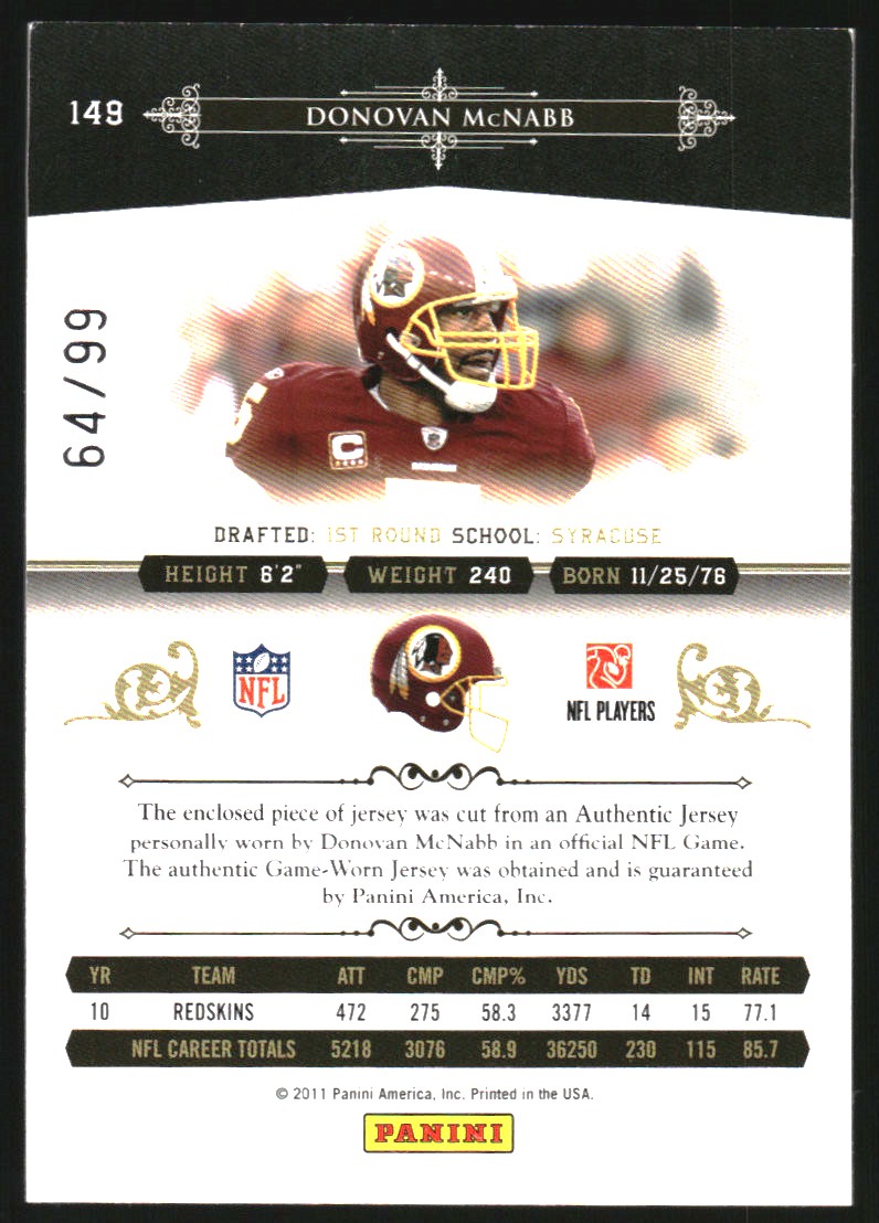 2010 Playoff National Treasures Century Material #149 Donovan McNabb/99