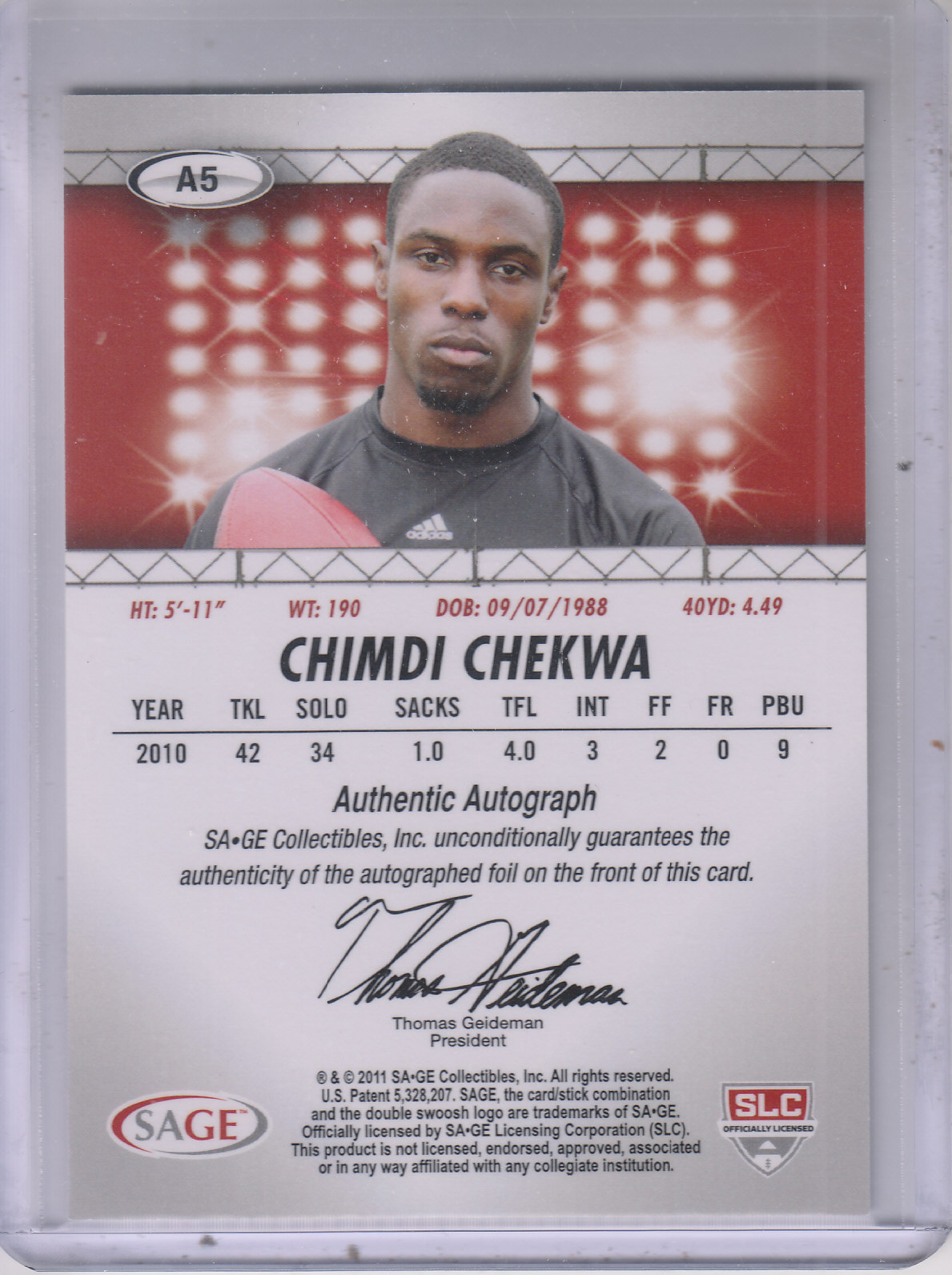 2011 SAGE HIT Autographs Gold #5 Chimdi Chekwa back image