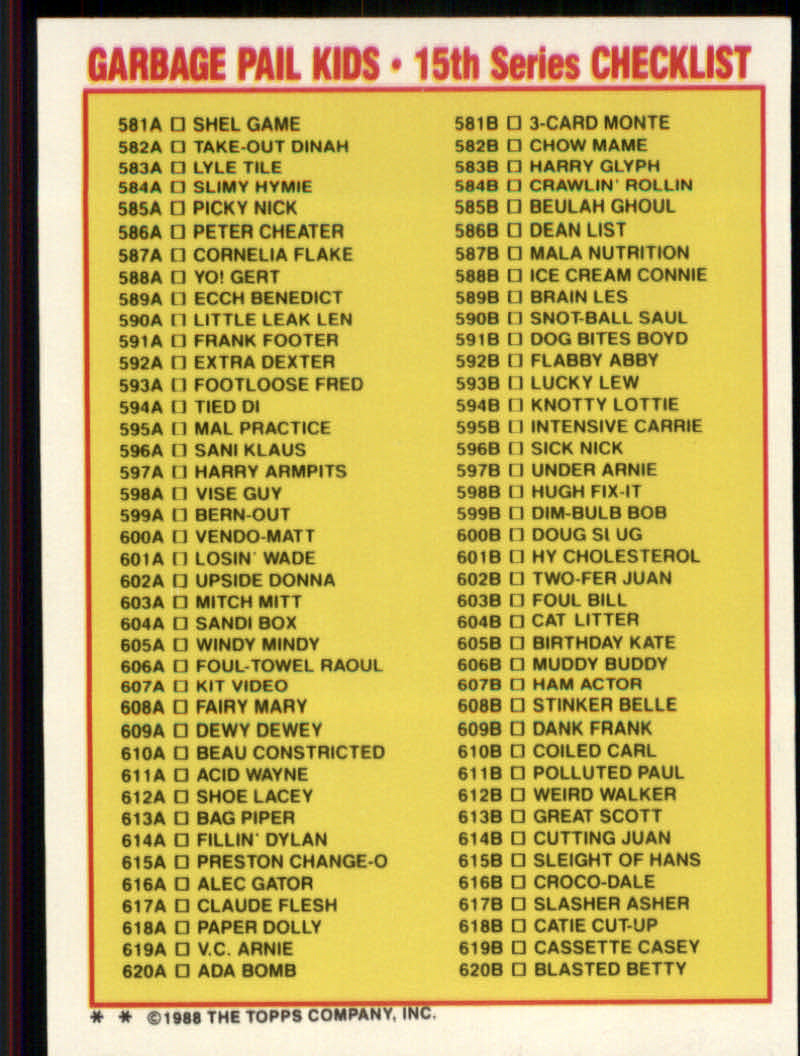 Garbage Pail Kids Series 15 Sticker Cards (1988 Topps) GPK Non Die-Cut