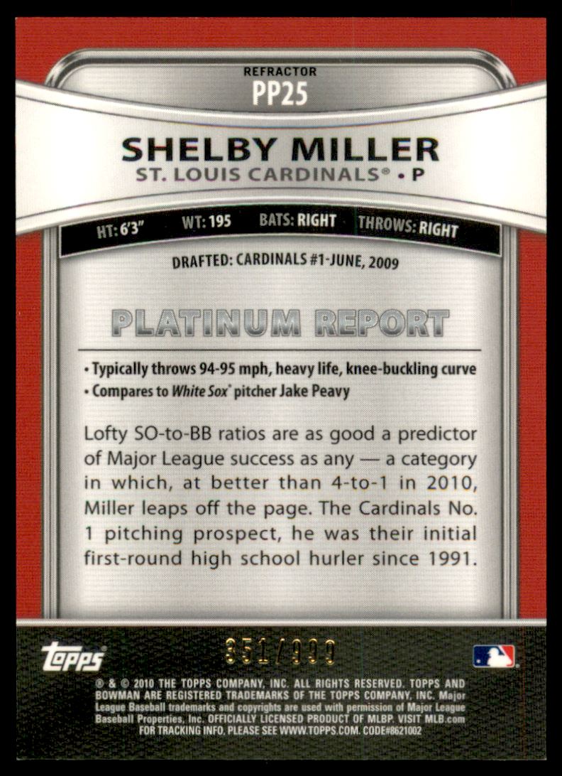 2010 Bowman Platinum Prospects Refractors Thin Stock #PP25 Shelby Miller