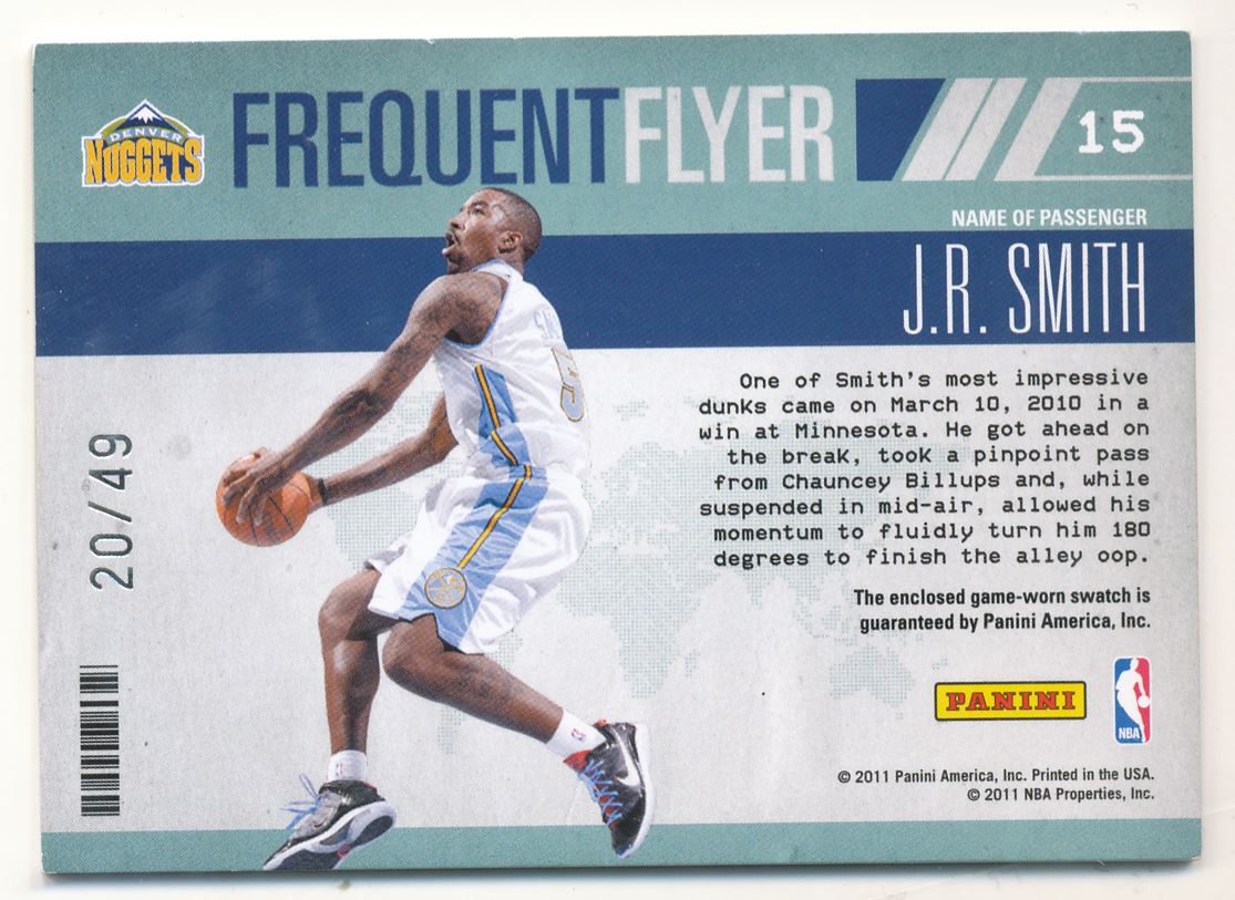 2010-11 Absolute Memorabilia Frequent Flyer Materials #15 J.R. Smith back image