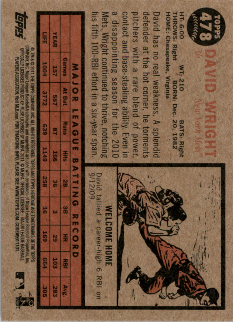 2011 Topps Heritage #478A David Wright SP back image