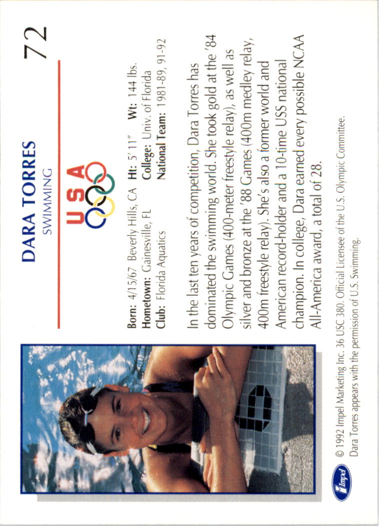 1992 Impel U.S. Olympic Hopefuls #72 Dara Torres/Swimming back image
