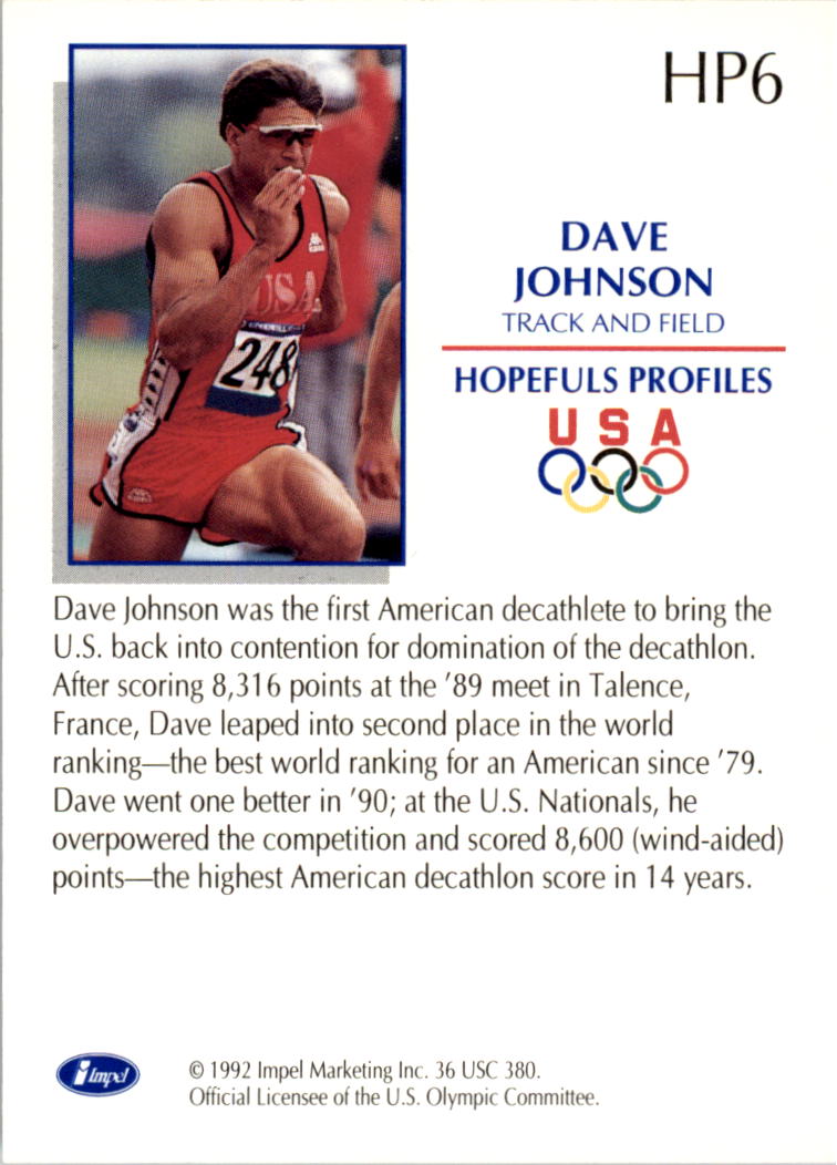 1992 Impel U.S. Olympic Hopefuls Profiles #HP6 Dave Johnson/Track and Field back image