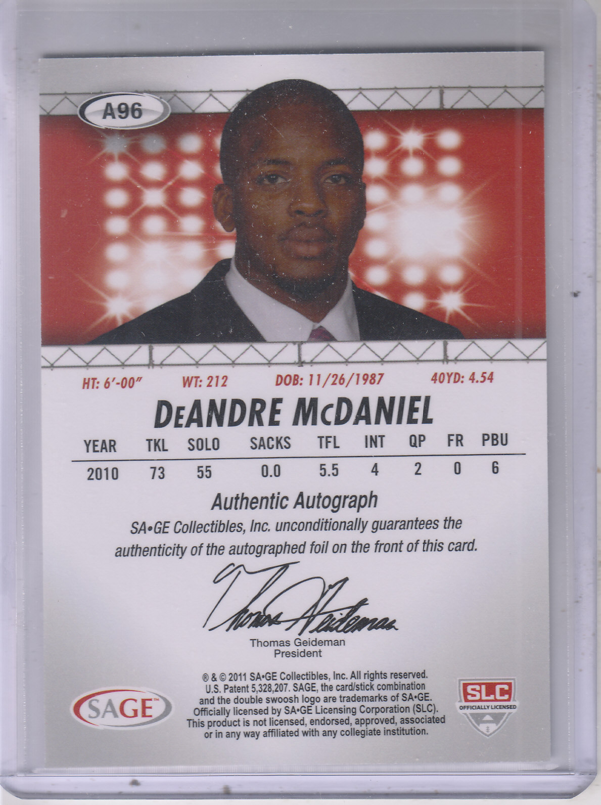 2011 SAGE HIT Autographs Gold #96 DeAndre McDaniel back image