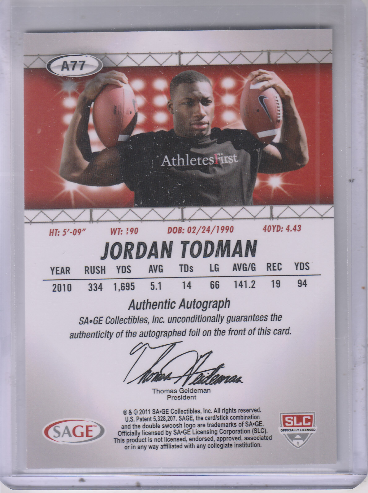 2011 SAGE HIT Autographs Silver #77 Jordan Todman back image