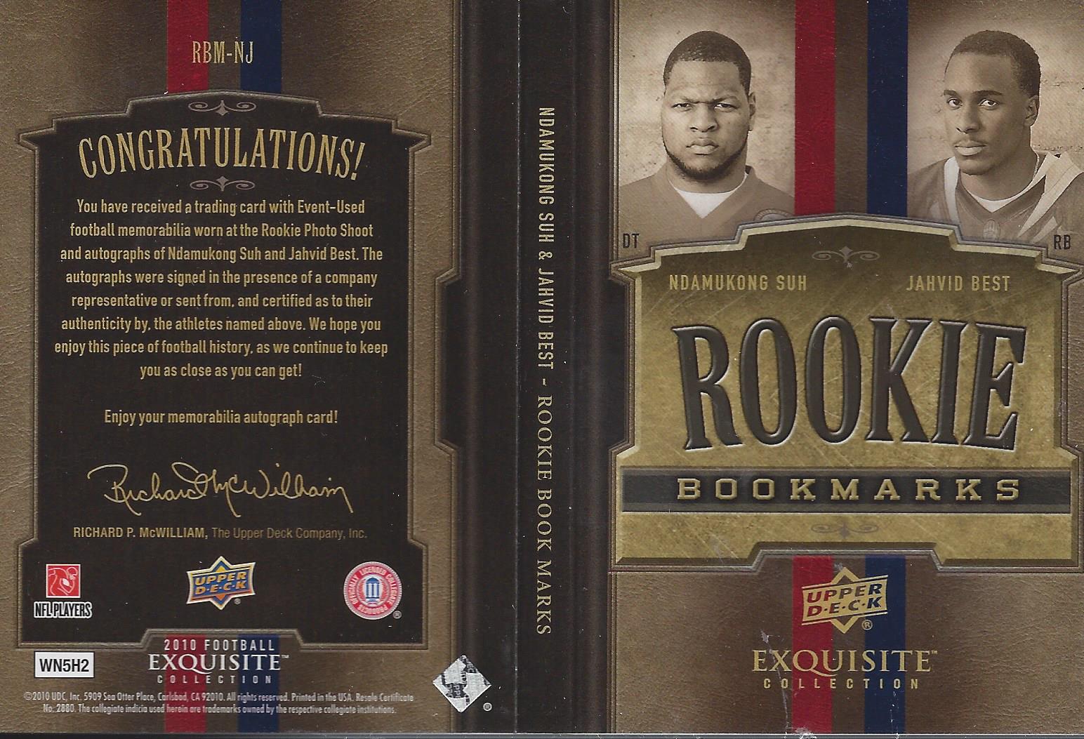 2010 Exquisite Collection Rookie Bookmark Patch Autographs #NJ Ndamukong Suh/50/Jahvid Best back image