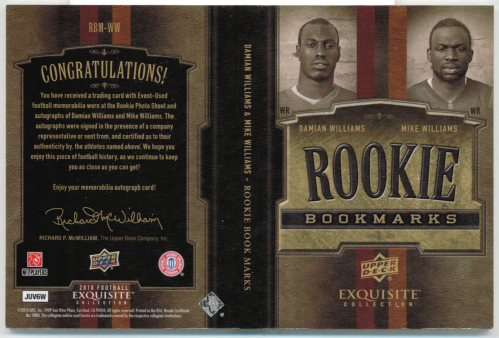 2010 Exquisite Collection Rookie Bookmark Patch Autographs #WW Damian Williams/99/Mike Williams back image