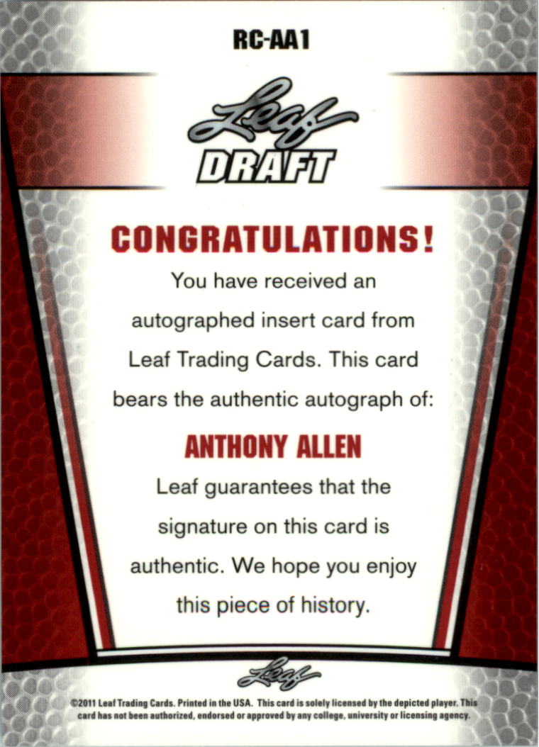 2011 Leaf Metal Draft #RCAA1 Anthony Allen back image