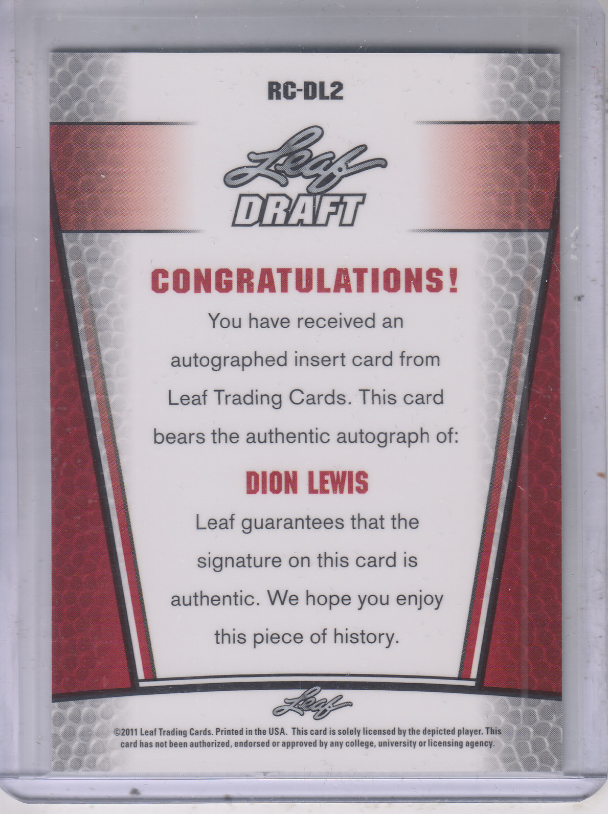 2011 Leaf Metal Draft #RCDL2 Dion Lewis back image