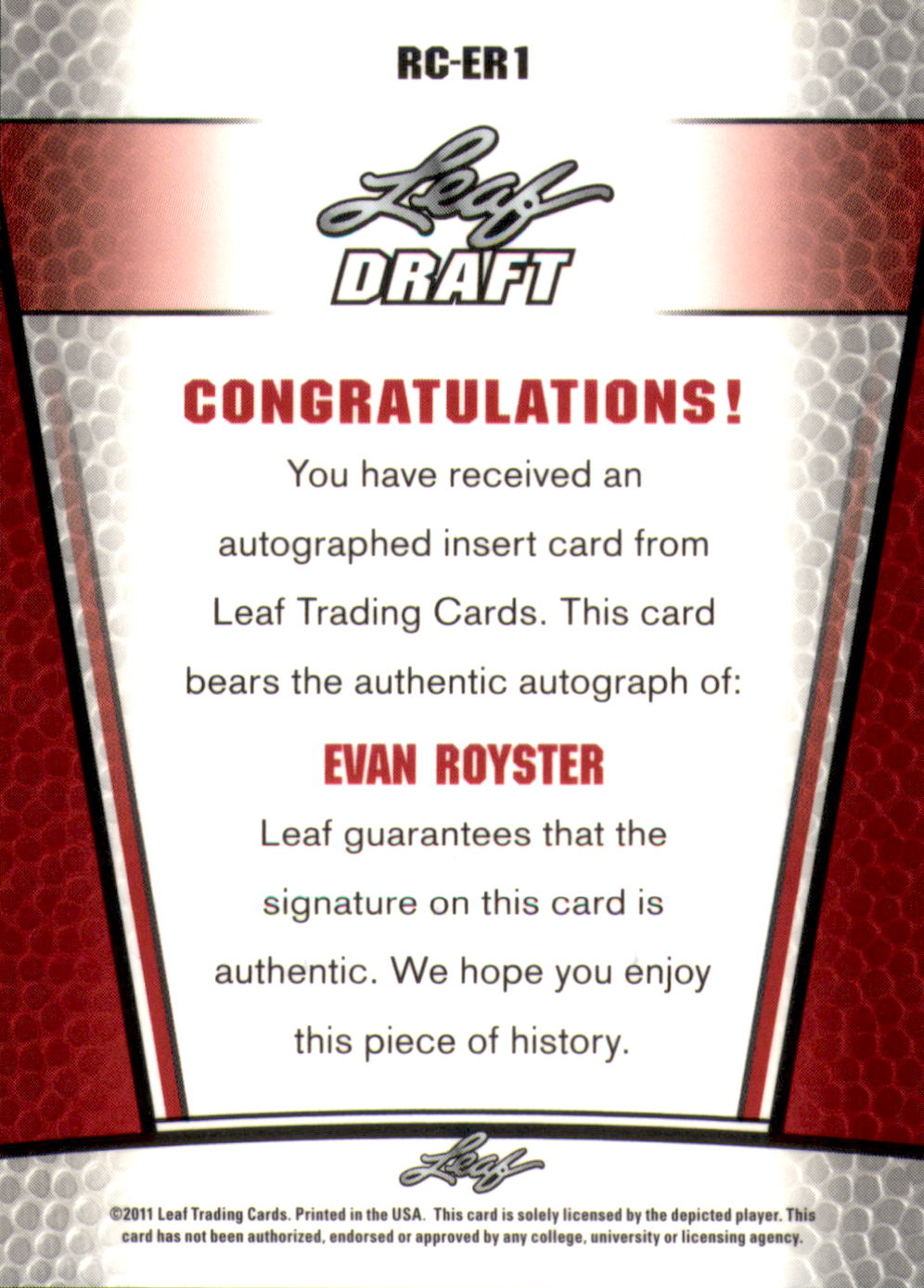 2011 Leaf Metal Draft #RCER1 Evan Royster back image