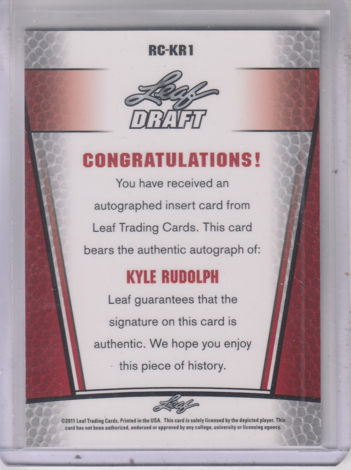 2011 Leaf Metal Draft #RCKR1 Kyle Rudolph back image