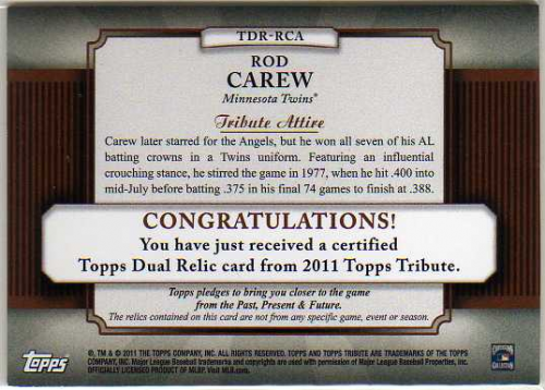 2011 Topps Tribute Dual Relics Gold #RCA Rod Carew back image