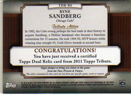 2011 Topps Tribute Dual Relics Green #RS Ryne Sandberg back image