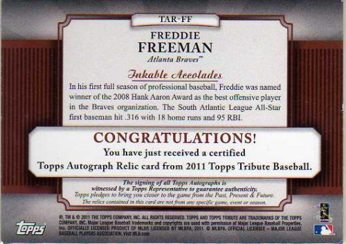 2011 Topps Tribute Autograph Relics #FF Freddie Freeman back image