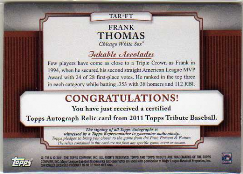 2011 Topps Tribute Autograph Relics #FT Frank Thomas back image